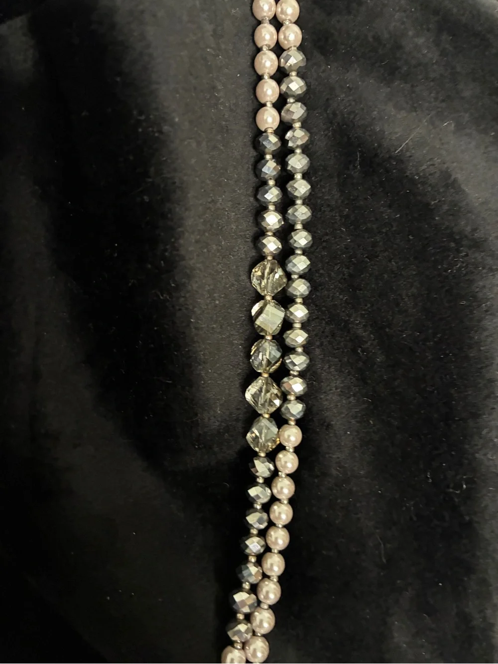 60-inch beaded necklace mix of soft gray faux pearls & faceted crystal beads